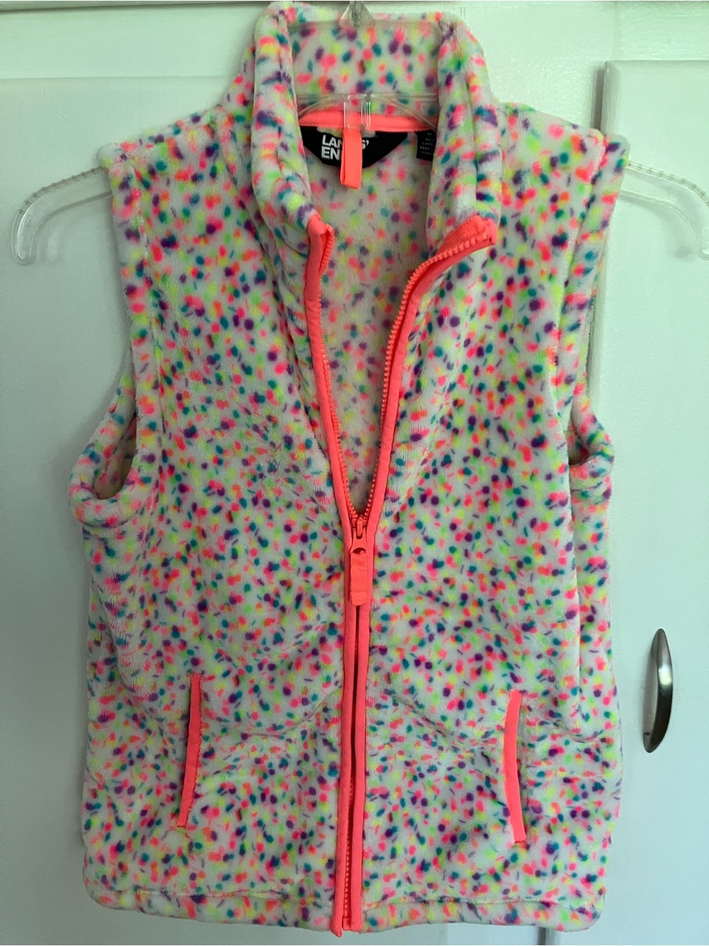 Lands' End Girls' Multicolor Speckled Fleece Vest with Neon Coral Trim